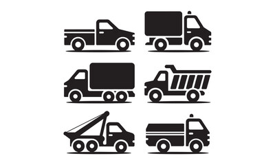 Truck Silhouette Collection Featuring Pickup, Box Truck, Dump Truck, Tow Truck, and Fire Truck