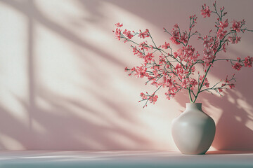 A vase of pink flowers sits on a table in front of a wall. Generative Ai.
