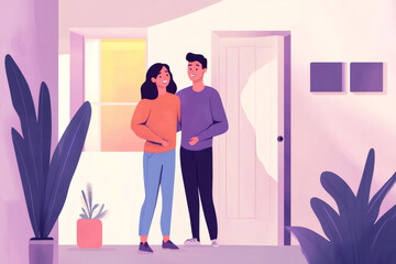 Happy couple embracing while opening the door to their new home, starting a new life together
