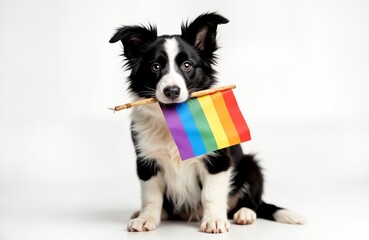 Cute puppy border collie holds rainbow flag in mouth. Pet celebrates LGBT pride. Adorable dog equality, love for LGBTQ community. Photo shows support for diversity, acceptance. Puppy in studio shot