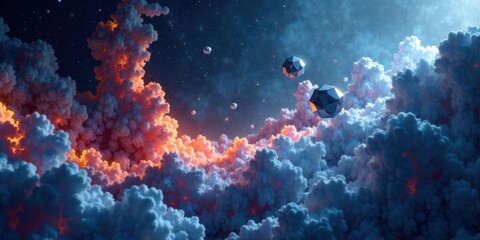 Fototapeta premium Celestial Cloudscape A Dreamlike Vista of Luminescent Clouds and Geometric Forms Floating in a Starry Night Sky
