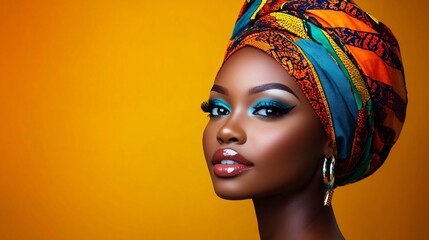 Naklejka premium A captivating portrait of a confident woman showcasing vibrant makeup and a colorful headwrap, ideal for Black History Month promotions or beauty campaigns.