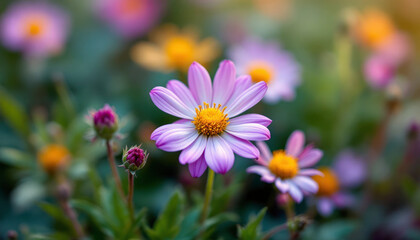 Fototapeta premium Vibrant Purple Daisy Flower Closeup in Garden Bloom