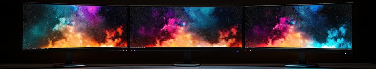 Obraz premium Triple monitor setup with vibrant abstract background displaying stunning colors