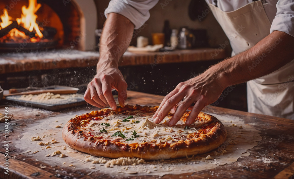 Poster a man is making a pizza in a kitchen. the pizza is covered in cheese and has a lot of toppings