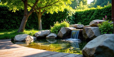 Fototapeta premium Serene Backyard Oasis Featuring a Cascading Waterfall and Koi Pond, Designed with Lush Greenery and Natural Stone Elements