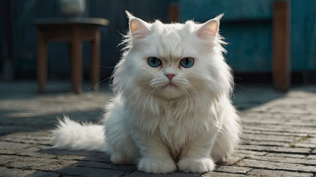 A white cat sits gracefully on a textured brick floor.