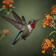 Naklejka premium A hummingbird in mid-flight sipping nectar.