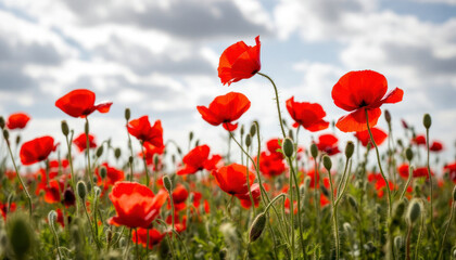 Obraz premium Vibrant Red Poppy Field Under a Cloudy Sky