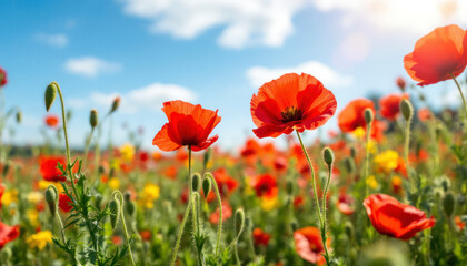 Fototapeta premium Vibrant Red Poppy Field Summer Landscape Photography
