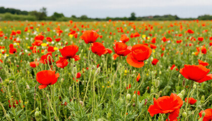 Fototapeta premium Vibrant Red Poppy Field Summer Landscape Photography
