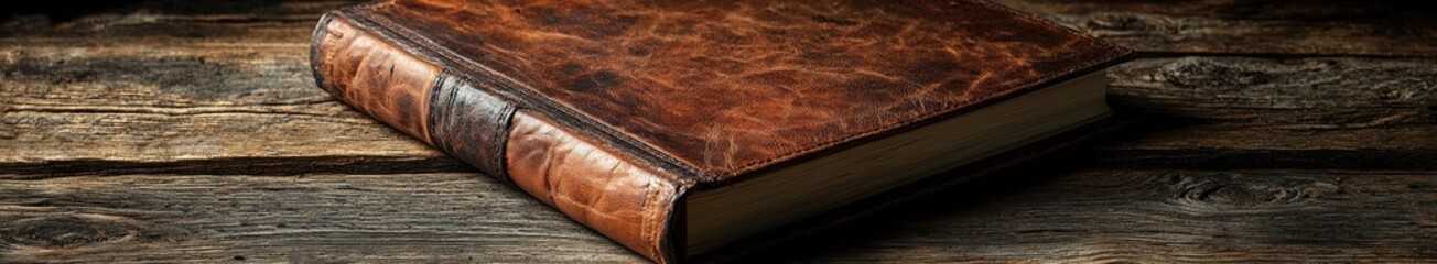 Vintage leather-bound book on rustic wooden table - history, knowledge, and elegance