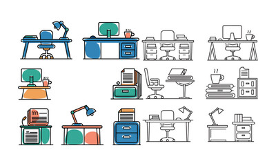 Collection of colorful and monochrome office desk and workspace icons, featuring furniture and accessories.