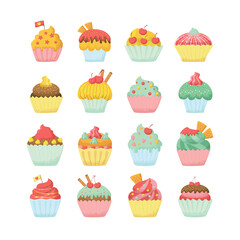 Collection of Colorful Illustrated Cupcakes with Various Toppings and Decorations