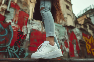 Close up of a young woman's feet wearing trendy white sneakers with a custom floral design, posing against a vibrant graffiti wall in an urban setting