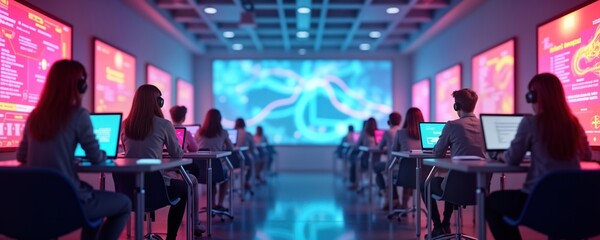 Students work in modern tech classroom. Collaborate using computers, holographic displays. Neon colors add futuristic vibe to learning environment. Large projection screens showcase data. Classroom