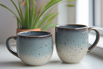 Two coffee mugs with a green plant in the background. Generative Ai.