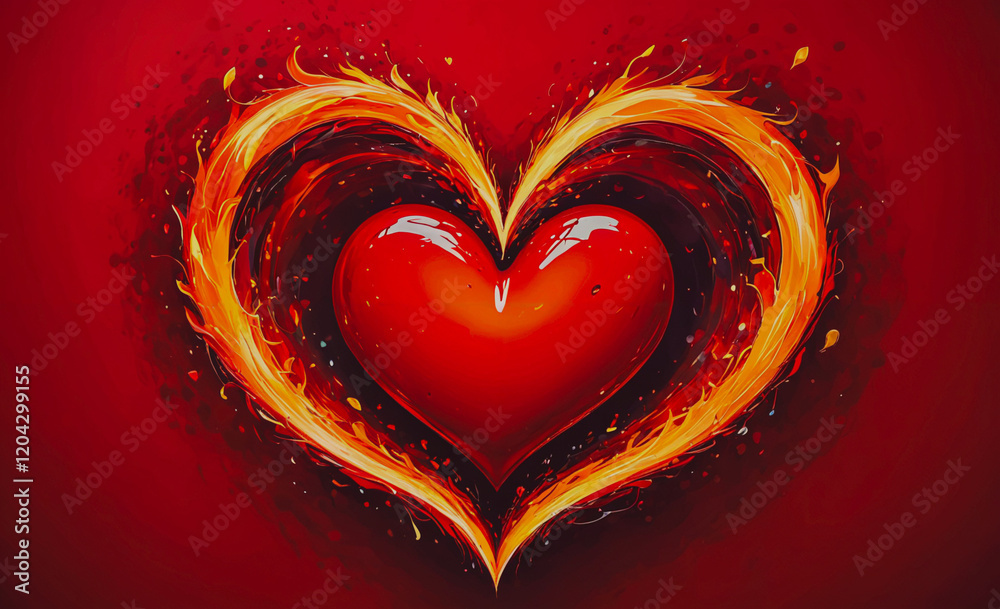 Poster a red heart with flames surrounding it. the heart is surrounded by fire, giving the impression of a 