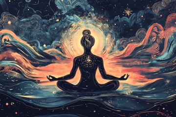 Artistic illustration of a woman practicing yoga and meditation, surrounded by vibrant cosmic energy, finding inner peace and spiritual awakening