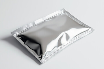 A silver foil bag is sitting on a white surface. Generative Ai.