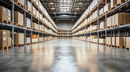 Fototapeta premium large warehouse interior, rows of high metal shelving, cardboard boxes stacked on pallets, concrete floor, industrial lighting, vanishing perspective, wide aisle, clean and organized storage facility,
