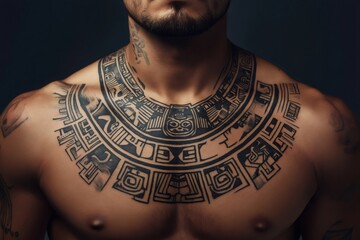 Close up of muscular male torso featuring an elaborate Aztec inspired tattoo design, showcasing ancient symbols and patterns