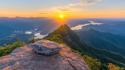 Sunrise over mountain lake, scenic vista, tranquil landscape, peaceful morning, nature photography, ideal for travel brochures
