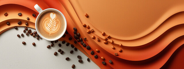 Panoramic coffee advertisement featuring a stylish cup alongside coffee beans and an elegant backdrop for text layout