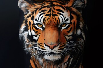 Fototapeta premium Body painting of a tiger face, showcasing intricate details and artistic skill, set against a dark background