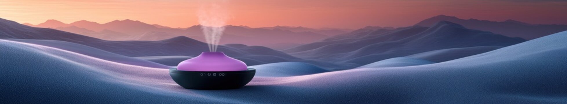 Aromatic diffuser amid serene mountain landscape at sunset