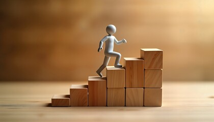 3D model figure climbs wooden blocks stairs. Career development concept. Figure progresses step by step. Success, growth metaphor. Business concept. Educational progression. Professional development