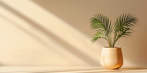 Minimalist home office with sleek desk and plant natural light indoor space eye-level viewpoint for productivity