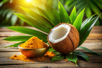 Fresh coconut with turmeric powder on rustic wooden table, AI Generation