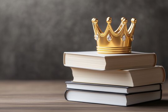 Golden crown on top of stacked books on a wooden table. Knowledge and achievement representation - Powered by Adobe