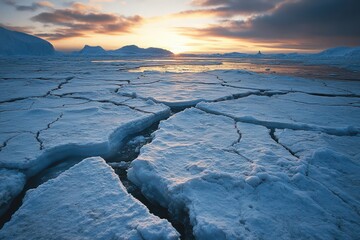 A vast landscape of melting polar ice caps with cracks and melting water streams, highlighting the effects of climate change.