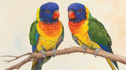 Adobe Illustrator ArtwTwo colorful lorikeets perch on a branch,ork
