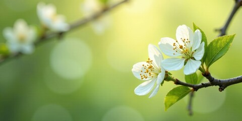 Obraz premium Delicate Spring Blossoms on a Branch, Bathed in Soft Sunlight, Exhibiting Exquisite Detail and Gentle Beauty