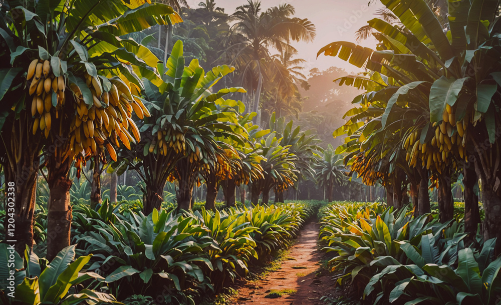 Aufkleber A lush green jungle with a path through it. The path is lined with banana trees. The sun is shining through the trees, creating a warm and inviting atmosphere