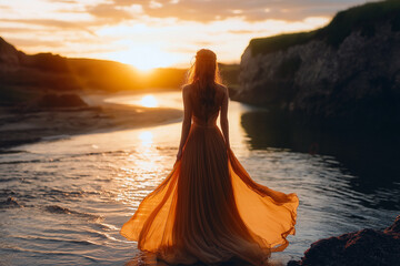 A woman in a long orange dress stands in front of a body of water. Generative Ai.