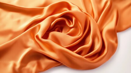 Obraz premium Silky orange fabric, flowing texture, soft folds, luxurious satin, golden amber hue, smooth drapery, elegant textile, fashion photography, studio lighting, high contrast, macro detail, white backgroun