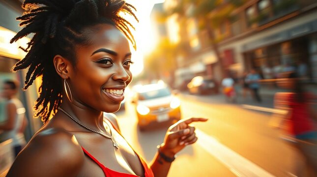 A portrait of beautiful black woman strolling through the city, her hair dreadlocks in the breeze as the evening sun casts a soft key light on her hair.