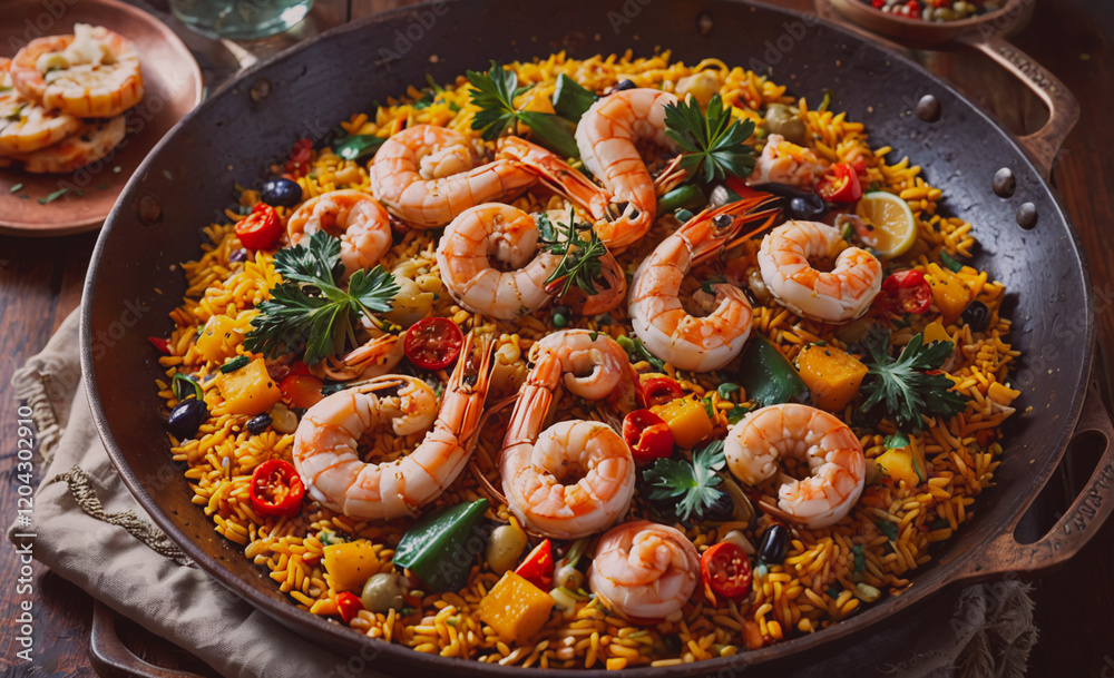 Aufkleber A plate of shrimp and vegetables is served in a large pan. The shrimp are arranged in a way that they are not overlapping each other. The vegetables are scattered around the shrimp, and there are some