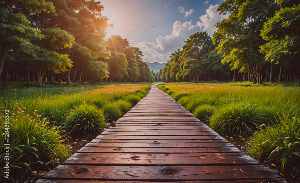 Poster a wooden bridge spans a field of grass. the sun is shining through the trees, casting a warm glow on