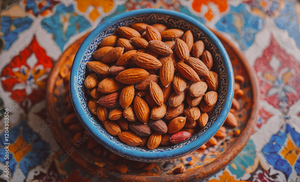 Aufkleber a bowl of almonds is on a table with a colorful background. the almonds are scattered all over the b