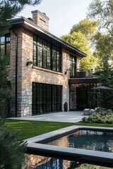 Fototapeta premium This stunning modern residence boasts an elegant stone facade, beautifully complemented by vibrant greenery, creating a serene atmosphere on a bright sunny day