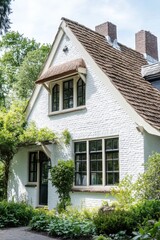 Obraz premium A delightful white cottage sits gracefully within a vibrant, lush garden, enveloped by rich greenery under the warmth of a bright, sunny day