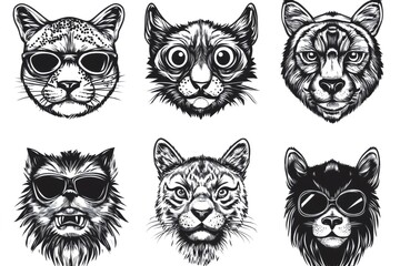 Obraz premium Collection of six funny cat faces showing different expressions, some wearing sunglasses, hand drawn in black and white