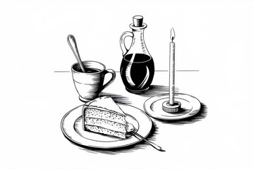 A Still Life Featuring Cake Coffee and a Candle