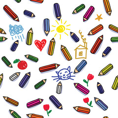 vector seamless pattern with lot of colored pencils and cute childlike doodles
