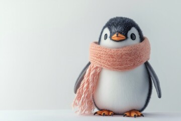 Cute penguin wearing a cozy knitted scarf, embodying the spirit of winter and holiday cheer with an adorable, fluffy appearance